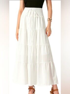 Haeof White Tiered Maxi Skirt Smocked Waist XL